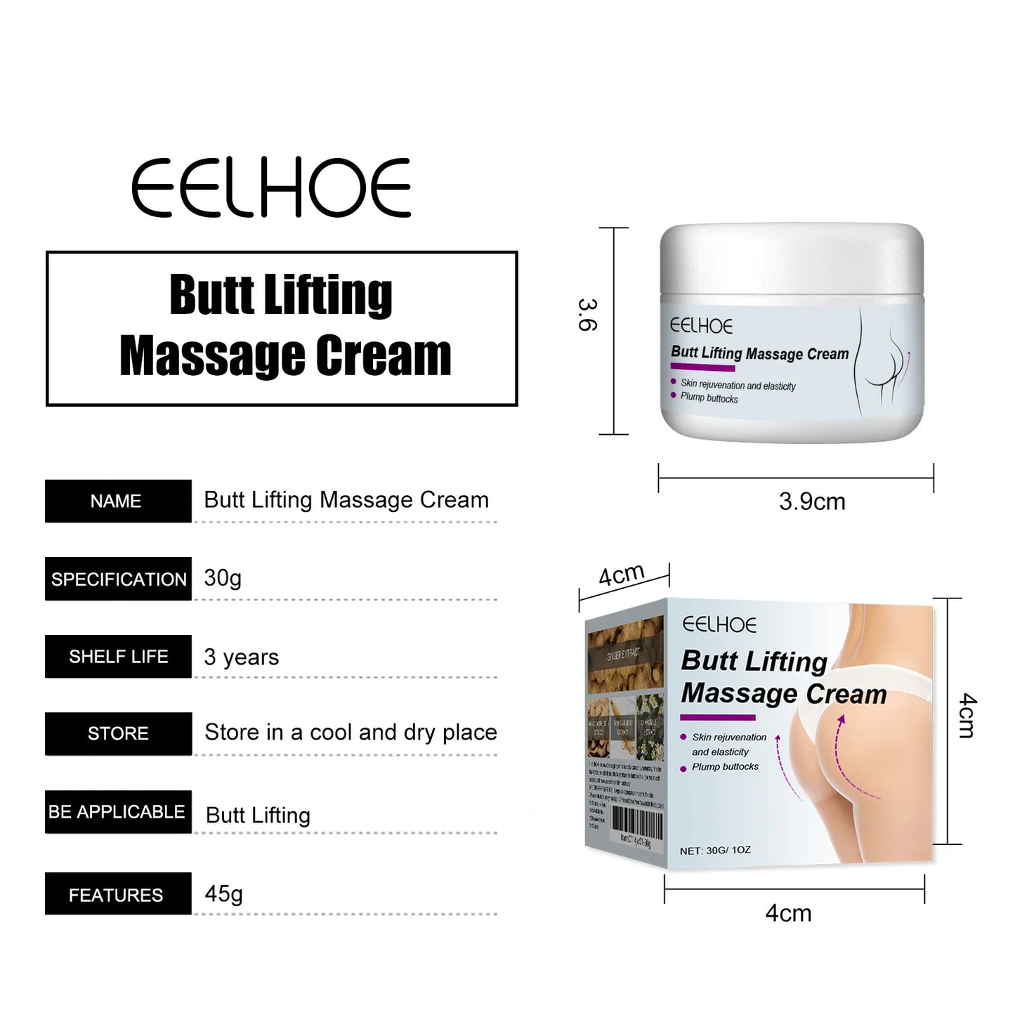 Butt Lifting Massage Cream, Hip Care, Tightens The Body Skin, Enhances Buttock Elasticity, Moisturizes and Nourishes