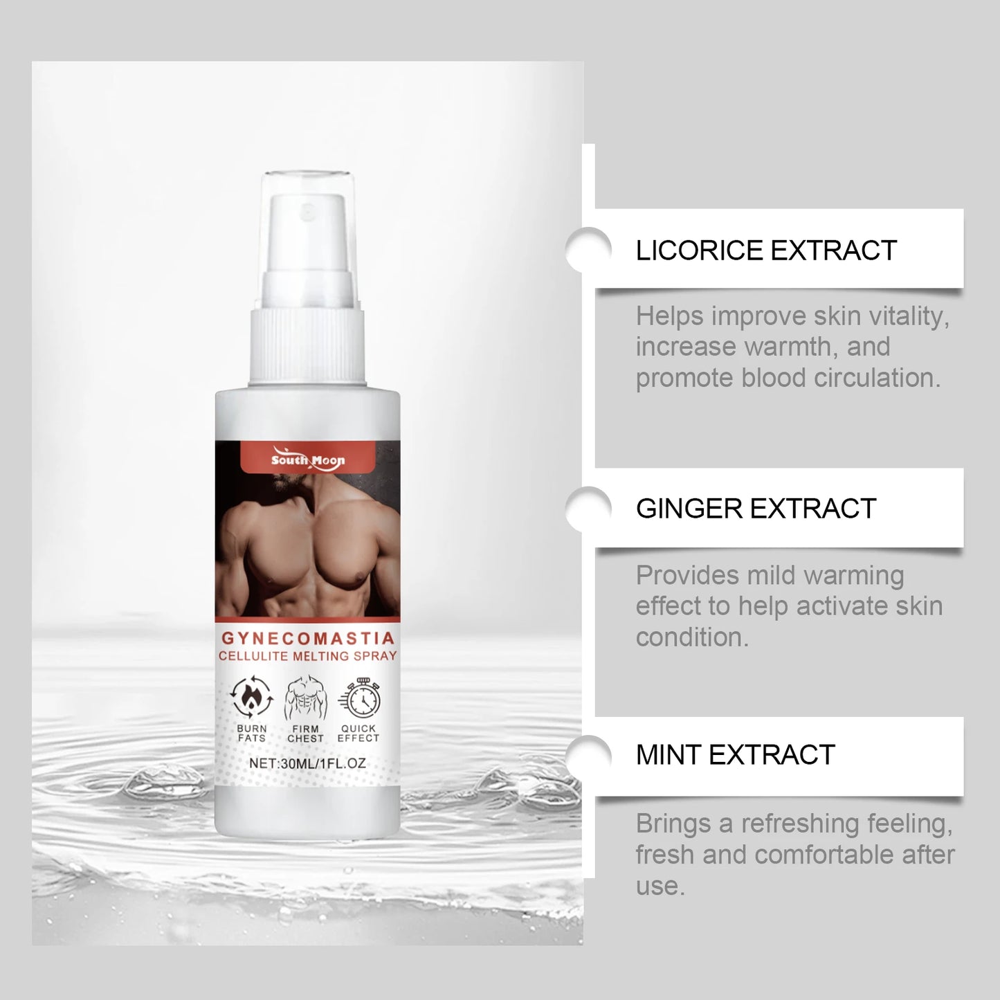 Men's Chest Firming Spray - Skin Tightening, Enhance Contour, Non-Greasy Formula w/ Peppermint & Honeysuckle Extracts
