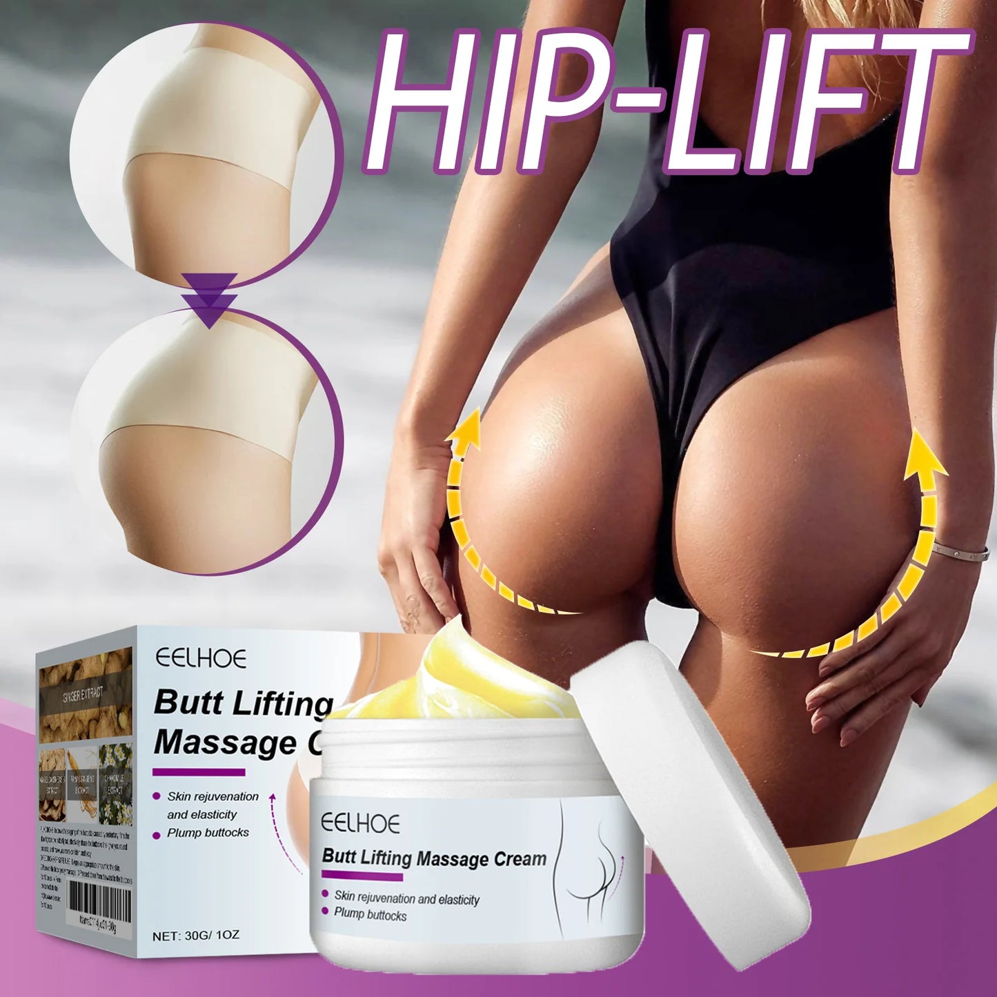 Butt Lifting Massage Cream, Hip Care, Tightens The Body Skin, Enhances Buttock Elasticity, Moisturizes and Nourishes